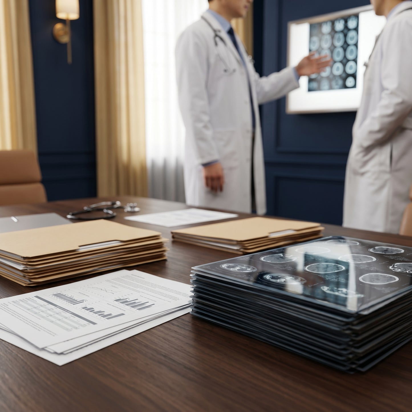 Patient case files, medical reports and CT MRI scan films on a desk, with Chinese physicians reviewing scans in the background