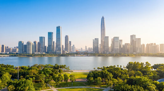 Shenzhen skyline seen across Shenzhen Bay, with the tapered Ping An Finance Centre rising above the Futian business district