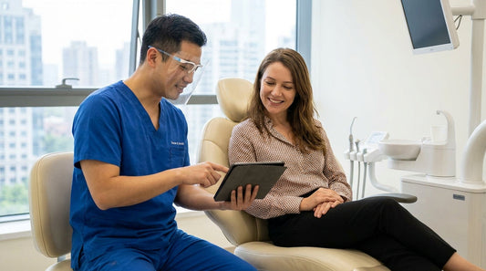 English-speaking dentist with an international patient in a modern Shanghai dental clinic
