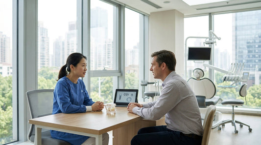 Shanghai dental clinic: implant model and treatment-cost plan on a desk