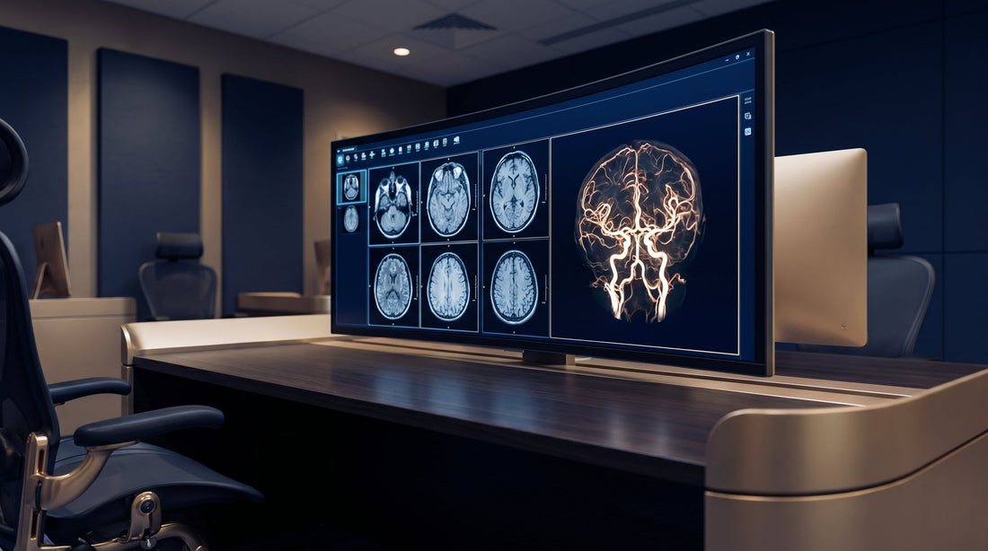 Radiology display showing brain MRI scans and an MR angiography vessel image
