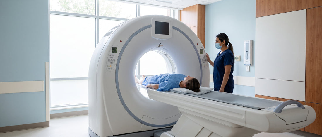 Radiologic technologist preparing a patient for a CT scan in a modern radiology suite