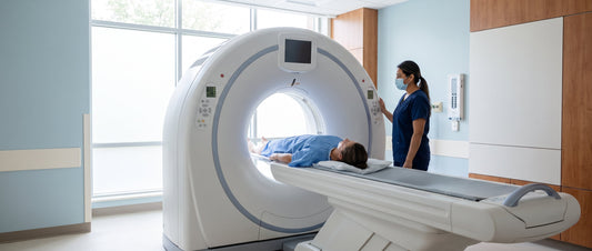 Radiologic technologist preparing a patient for a CT scan in a modern radiology suite