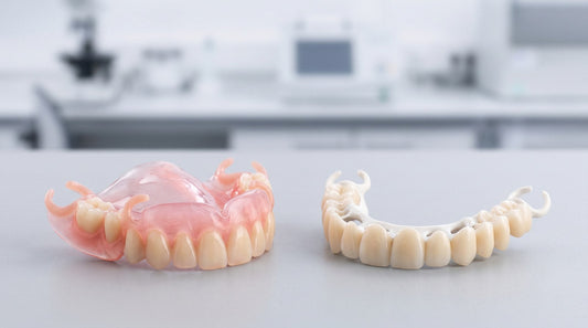 A flexible pink nylon partial denture and a rigid tooth-coloured framework partial denture side by side on a dental laboratory bench