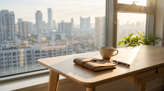 Travel notebook and teacup on a sunlit desk overlooking a city skyline