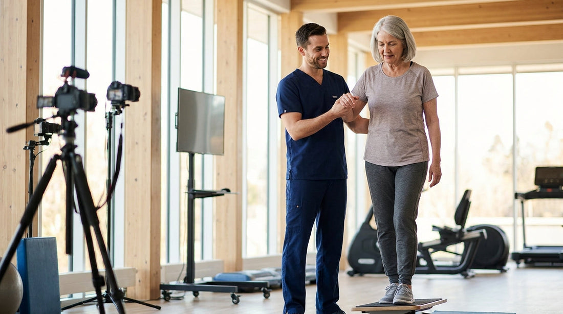 Physiotherapist guiding an older adult through a gentle movement assessment in a modern rehabilitation clinic