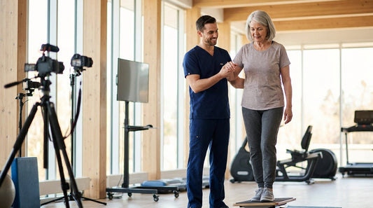Physiotherapist guiding an older adult through a gentle movement assessment in a modern rehabilitation clinic