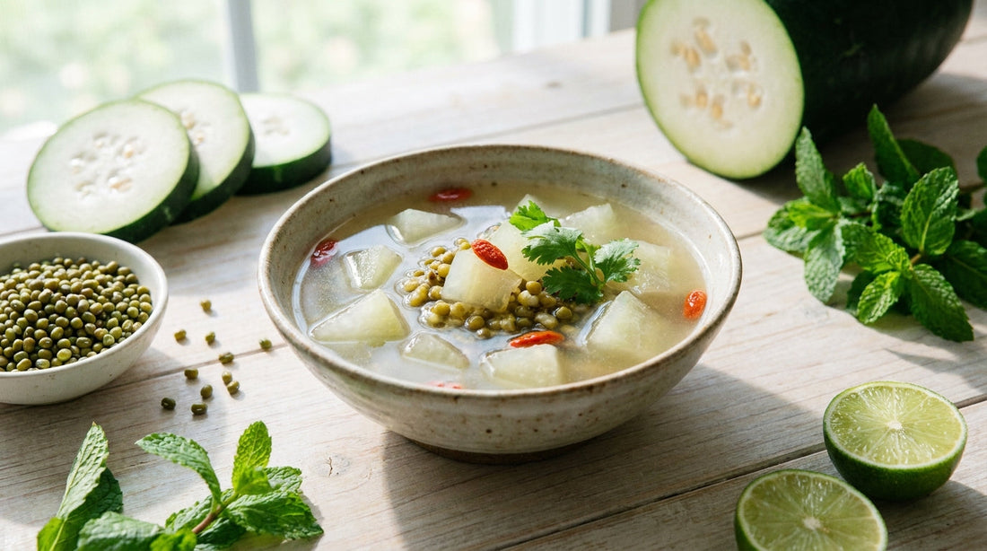 A light, clear winter-melon summer soup with fresh cooling ingredients on a bright table