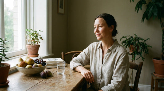 A calm adult with healthy natural skin beside fresh seasonal fruit in bright natural light