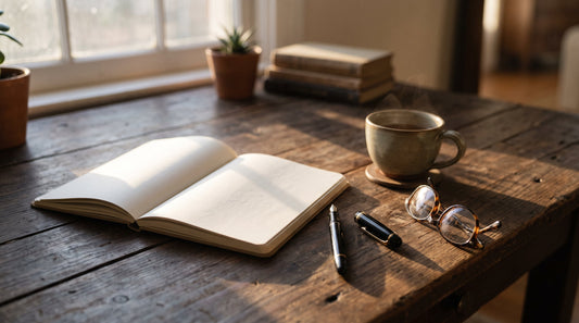 Blank notebook, pen, reading glasses, and teacup on a sunlit wooden desk