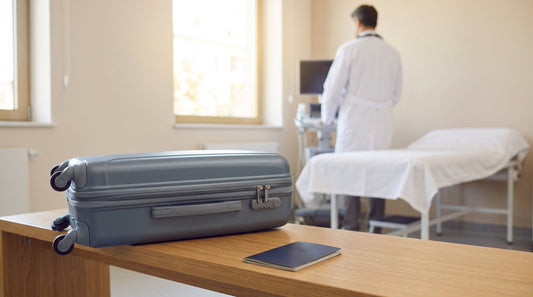 Carry-on suitcase and passport on a desk in a bright clinic room, with a doctor standing by an examination bed in the background