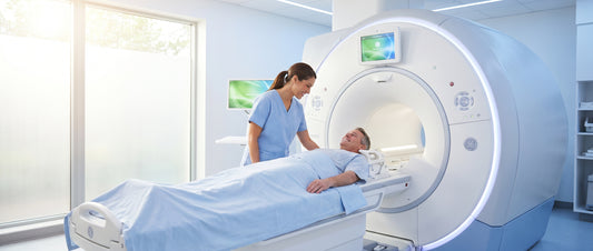 Patient comfortably preparing for a low-cost MRI scan with a friendly technologist at a modern hospital