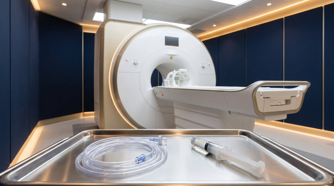 MRI scanner with contrast injection tray in a radiology suite