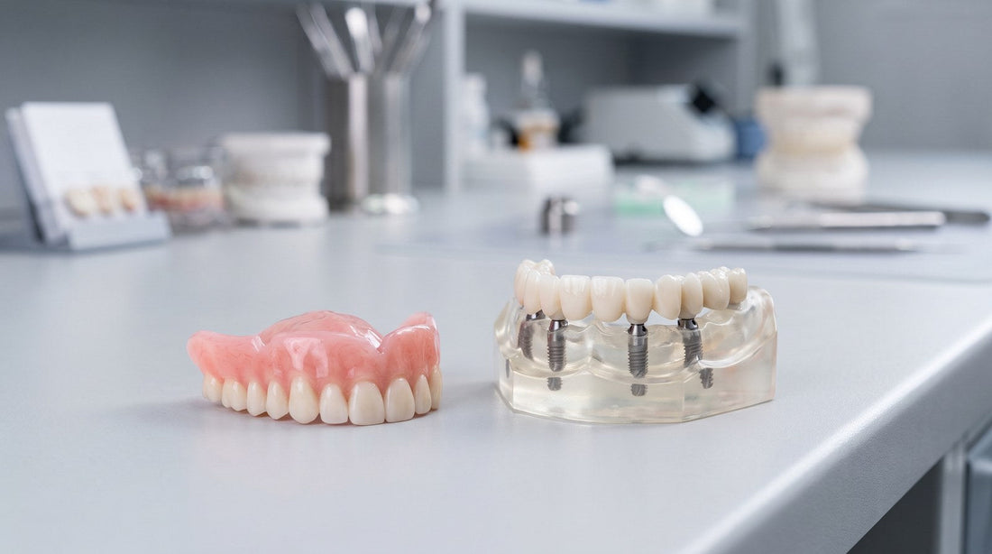 A removable full upper denture beside a fixed full-arch bridge mounted on four implants in a demonstration jaw model