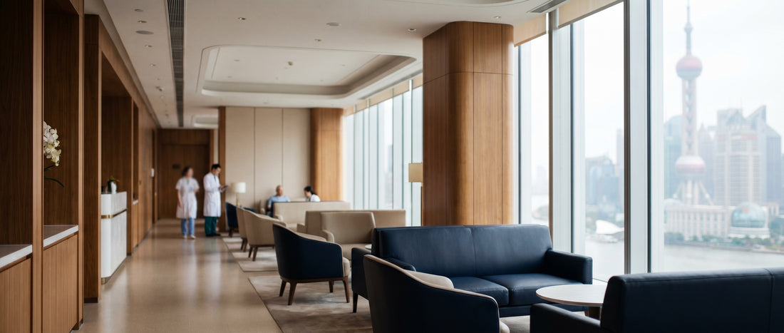 Modern international patient lounge at a Shanghai hospital with skyline view