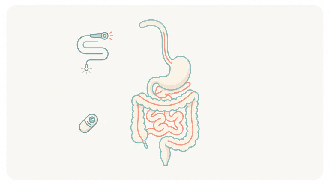 Illustration of the digestive tract with icons for a flexible endoscope and a swallowable camera capsule