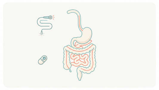Illustration of the digestive tract with icons for a flexible endoscope and a swallowable camera capsule