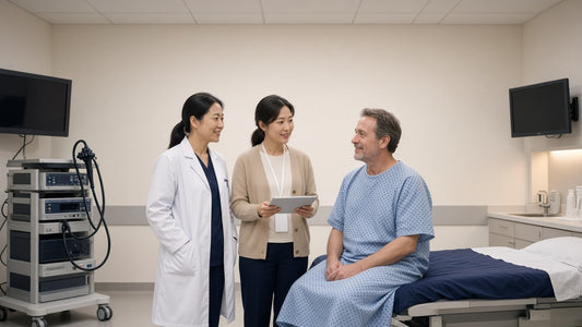 Doctor explains the endoscopy procedure to a patient in a gown while a bilingual companion with a tablet stands beside them.