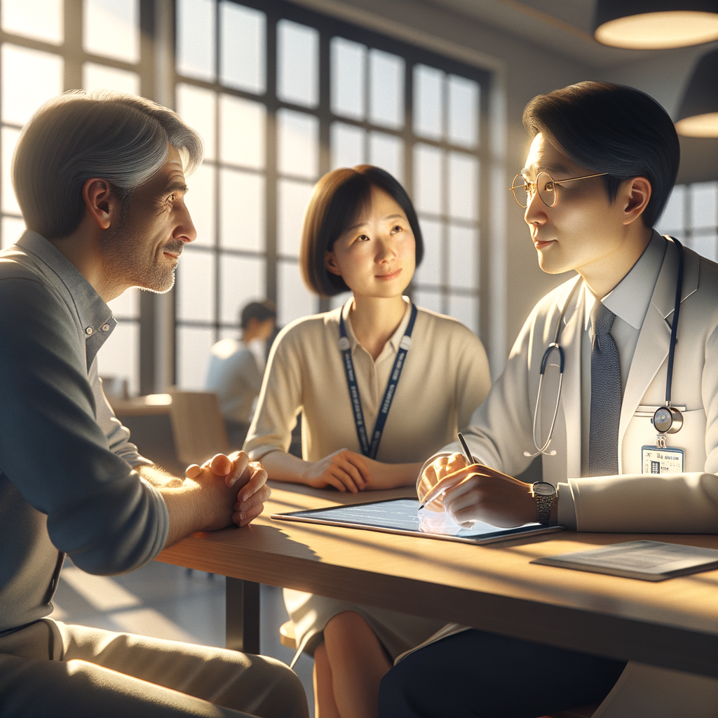 Bilingual medical companion interpreting between a Western international patient and a Chinese doctor during a hospital consultation.