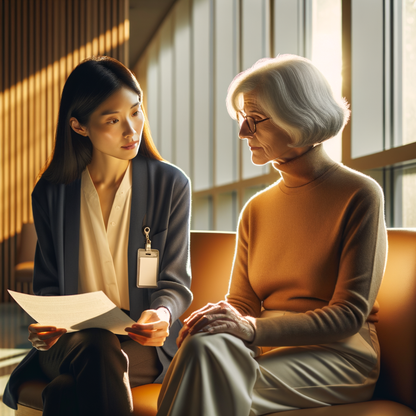 Bilingual medical companion explaining a medical report to an international female patient in a modern Chinese hospital lounge.