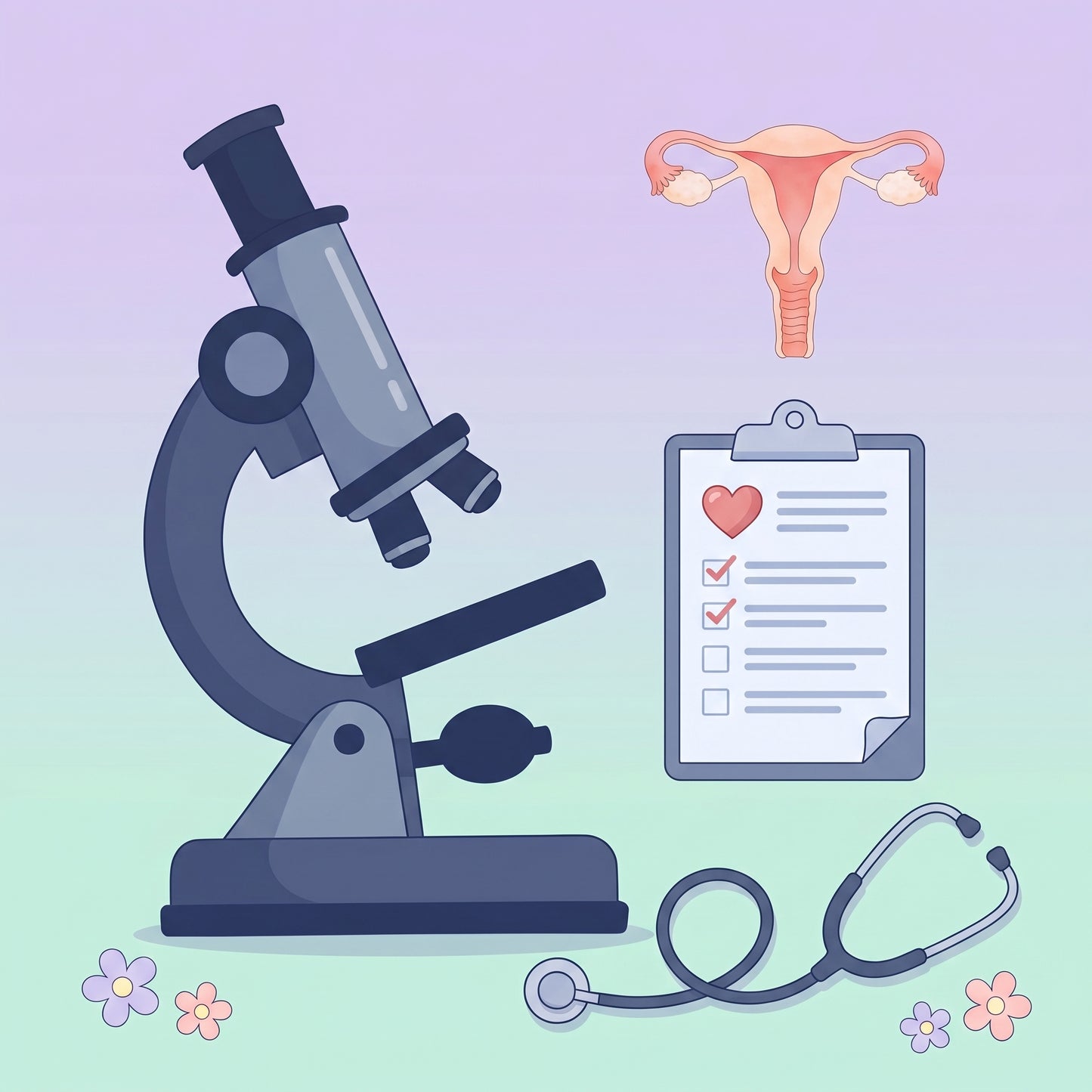Women's gynecology health screening in China — microscope, checklist and uterus illustration