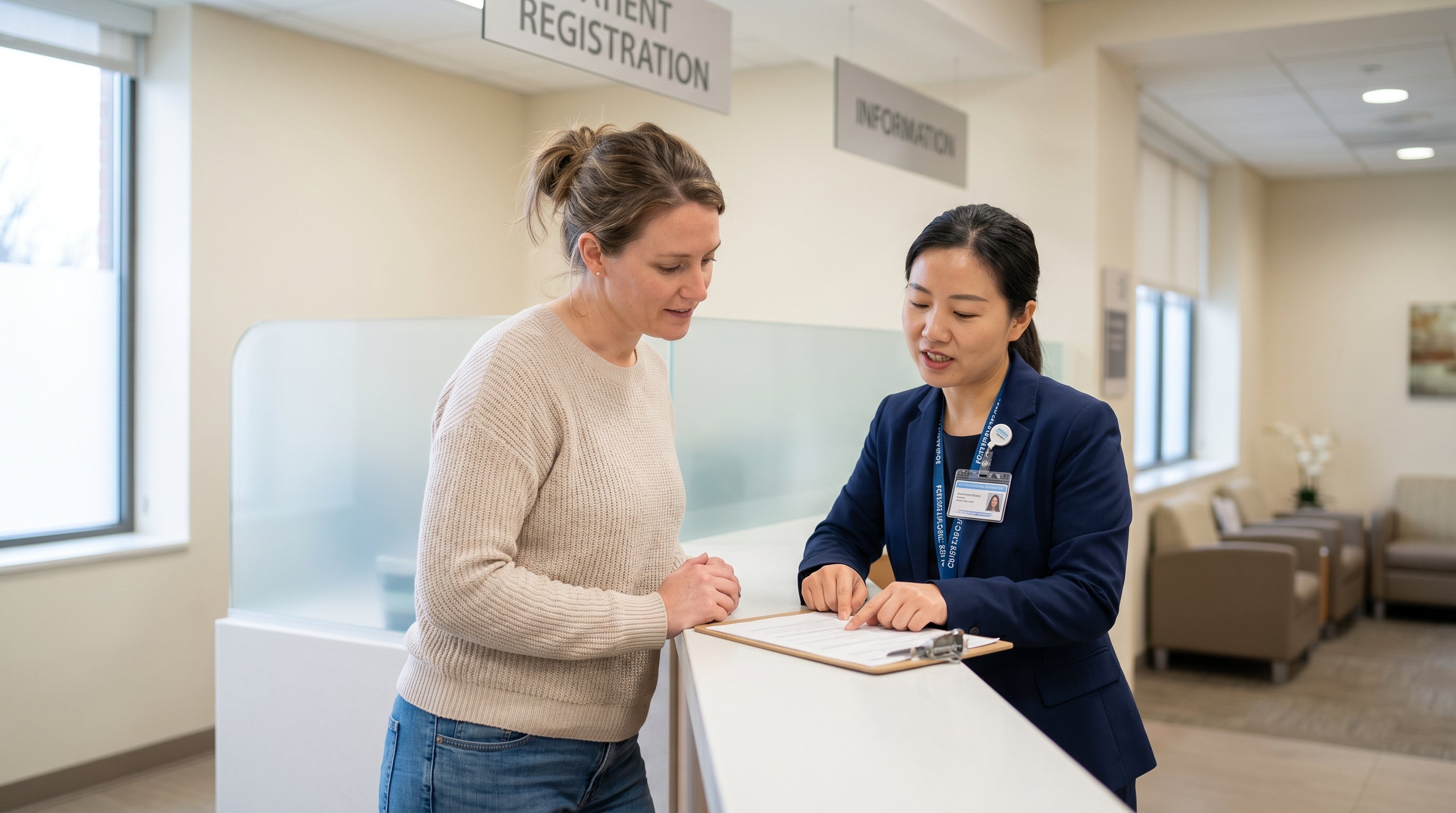 English-speaking medical companion at hospital reception in China
