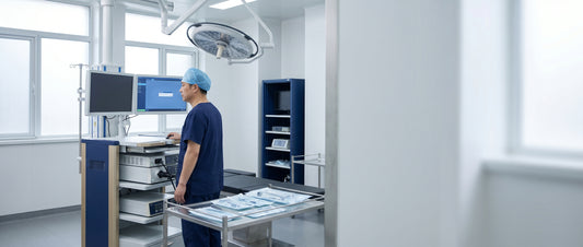 Modern Tier 3A hospital endoscopy procedure room with HD endoscopy tower and single-use sterile instruments