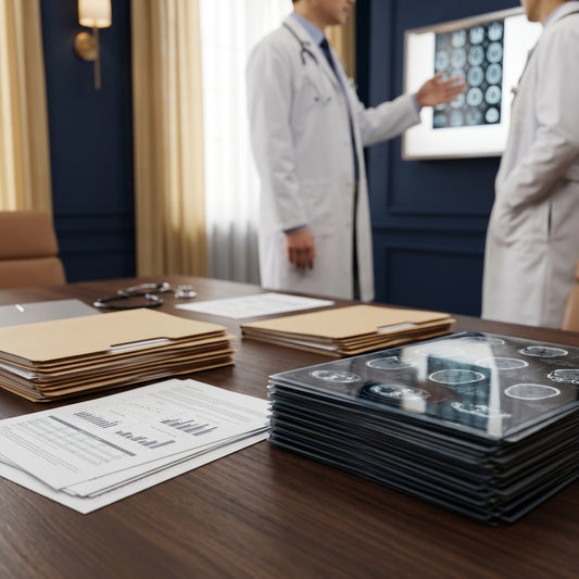 Patient case files, medical reports and CT MRI scan films on a desk, with Chinese physicians reviewing scans in the background