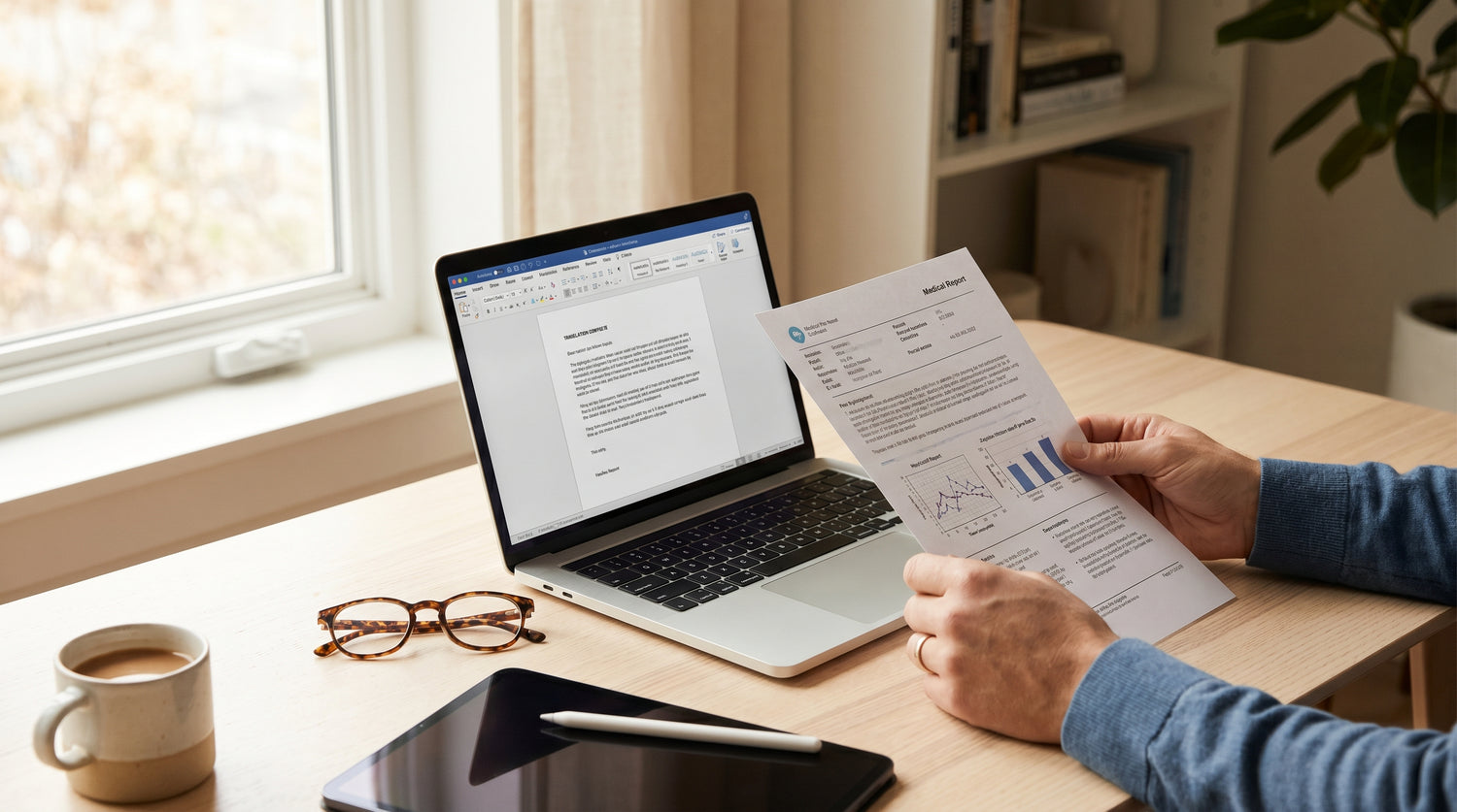 Reviewing a Chinese medical report while preparing its English translation on a laptop
